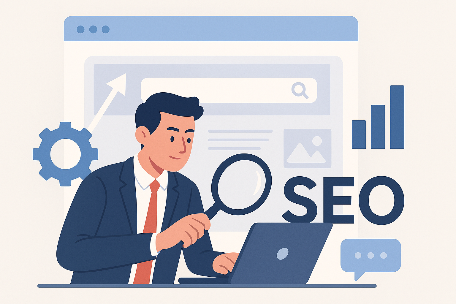 Profesional trabajando en laptop con lupa y gráficos de SEO, simbolizando optimización web y posicionamiento en Google.