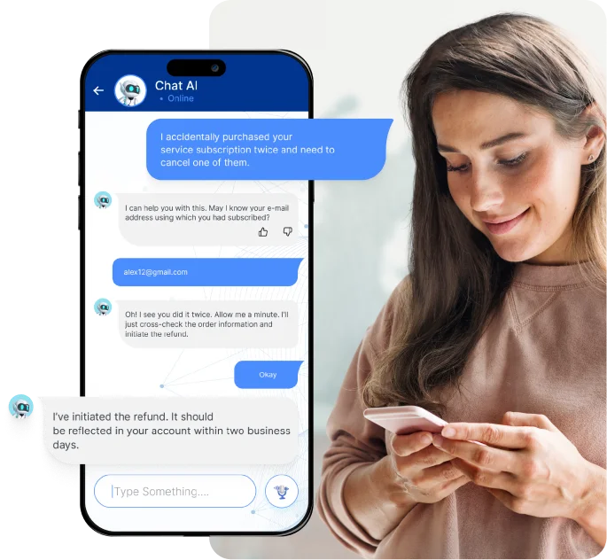 Ilustración de chatbot AI conversando con un usuario en dispositivo móvil.