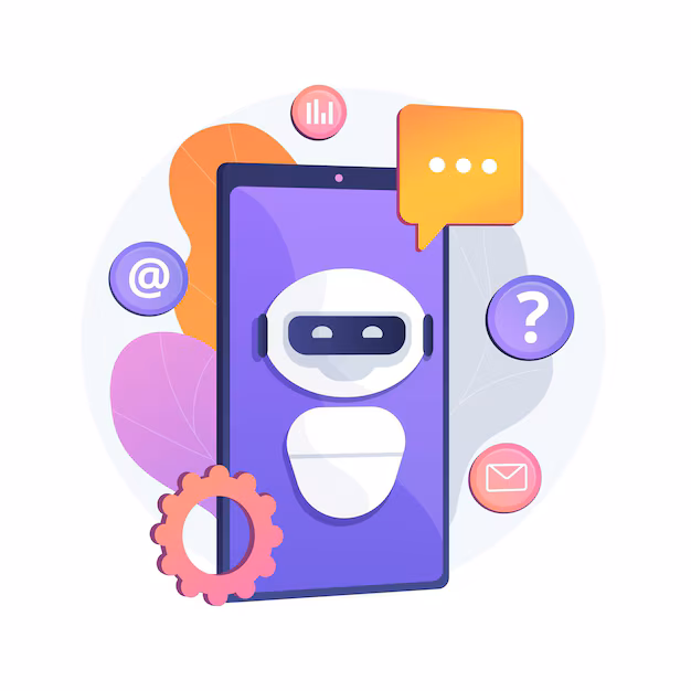 lustración de un chatbot emergiendo desde un móvil con burbujas de chat.