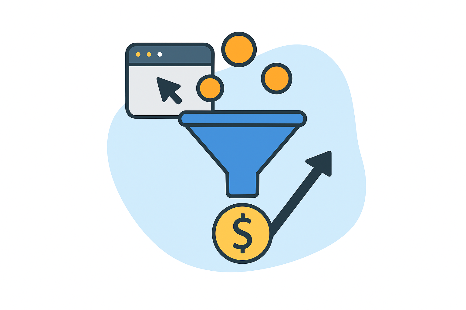 Ilustración de un embudo de ventas digital que convierte visitas web en clientes y genera ingresos.