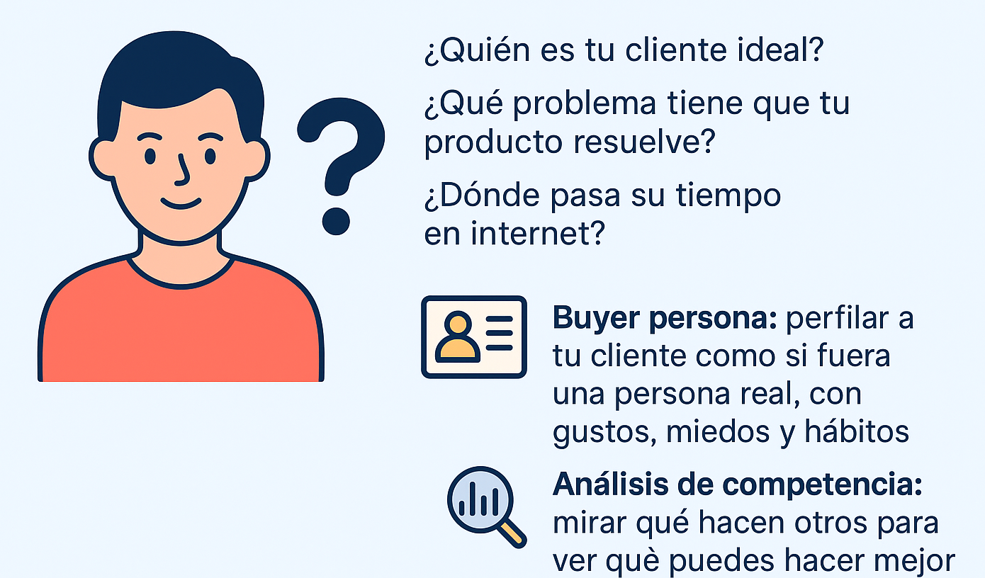 Ilustración sobre la fase 1 de estrategias de marketing digital efectivas: definir a quién le hablas, crear buyer persona y analizar la competencia.