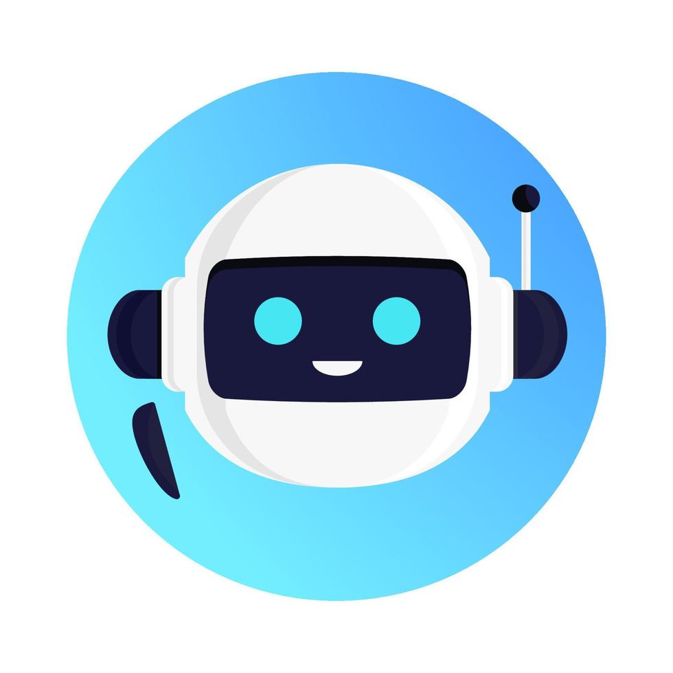 Ícono circular de chatbot con cara sonriente y estilo minimalista.