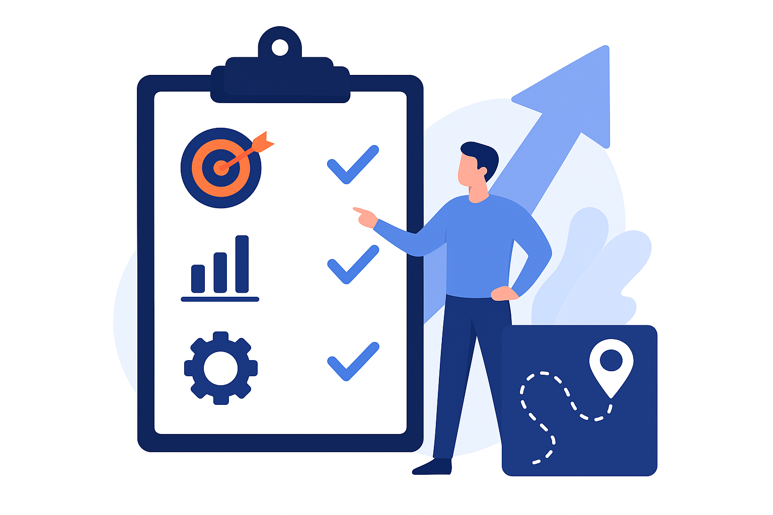 Ilustración que representa un plan de marketing digital con objetivos, métricas y apoyo estratégico de una agencia.