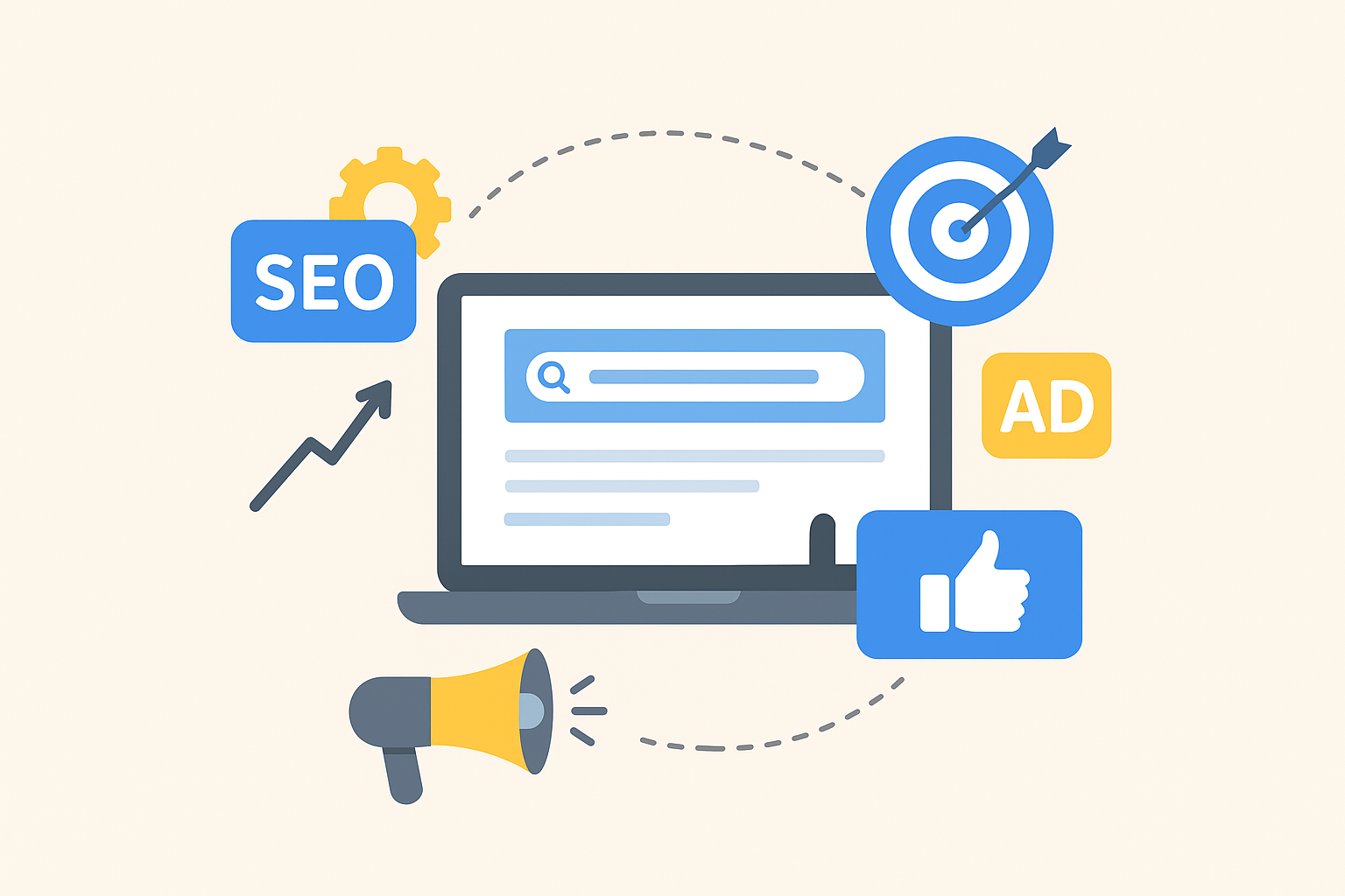 Ilustración de estrategias de marketing digital que combinan SEO y publicidad en línea con segmentación de audiencia.