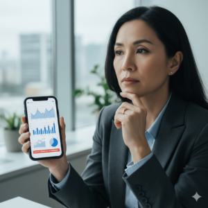 Pantalla con métricas planas o irregulares mientras el empresario analiza los datos con gesto de duda.