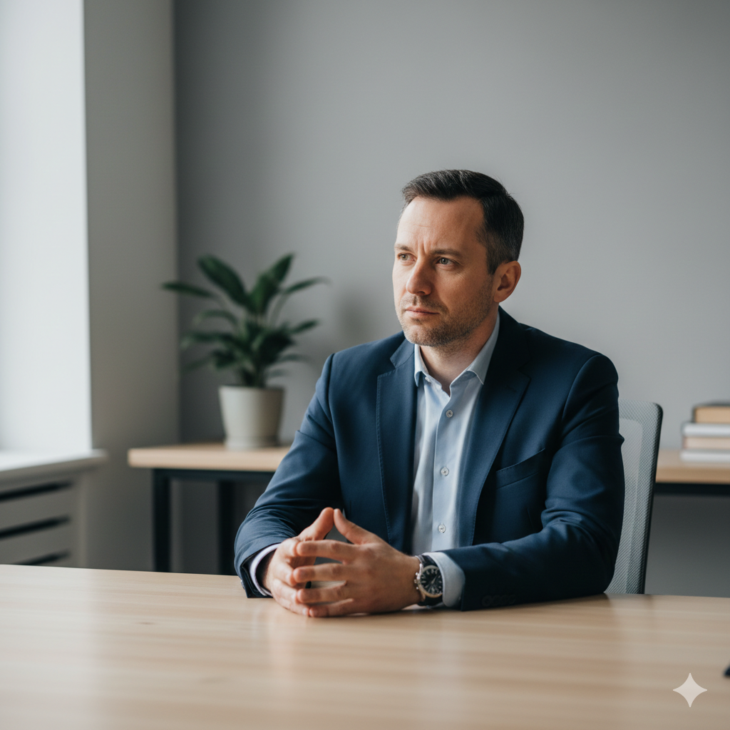 Empresario frustrado porque el marketing digital no genera clientes.