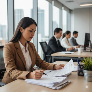 Equipo empresarial utilizando correo corporativo vinculado a ERP.
