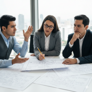 Equipo empresarial confundido durante implementación de ERP.