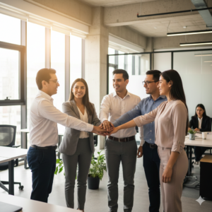 Equipo empresarial coordinado para operar con ERP.