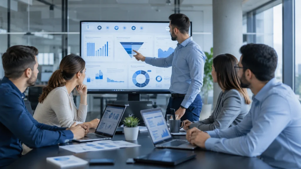 equipo digital revisando métricas de conversión web y oportunidades comerciales