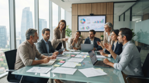 Equipo de trabajo colaborando en la planificación de una estrategia de marketing digital empresarial
