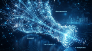 Embudo de conversión digital representado mediante conexiones tecnológicas