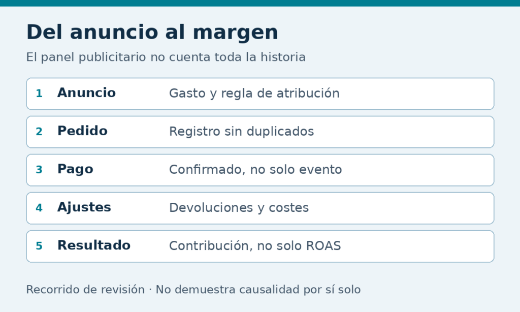 Recorrido de revisión desde anuncio y pedido hasta pago, ajustes y resultado.